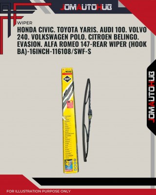 Rear Wiper-Honda Civic. Toyota Yaris. Audi 100. Volvo 240. Volkswagen Polo. Citroen Belingo. Evasion. Alfa Romeo 147-16 Inch-116108SWF-S
